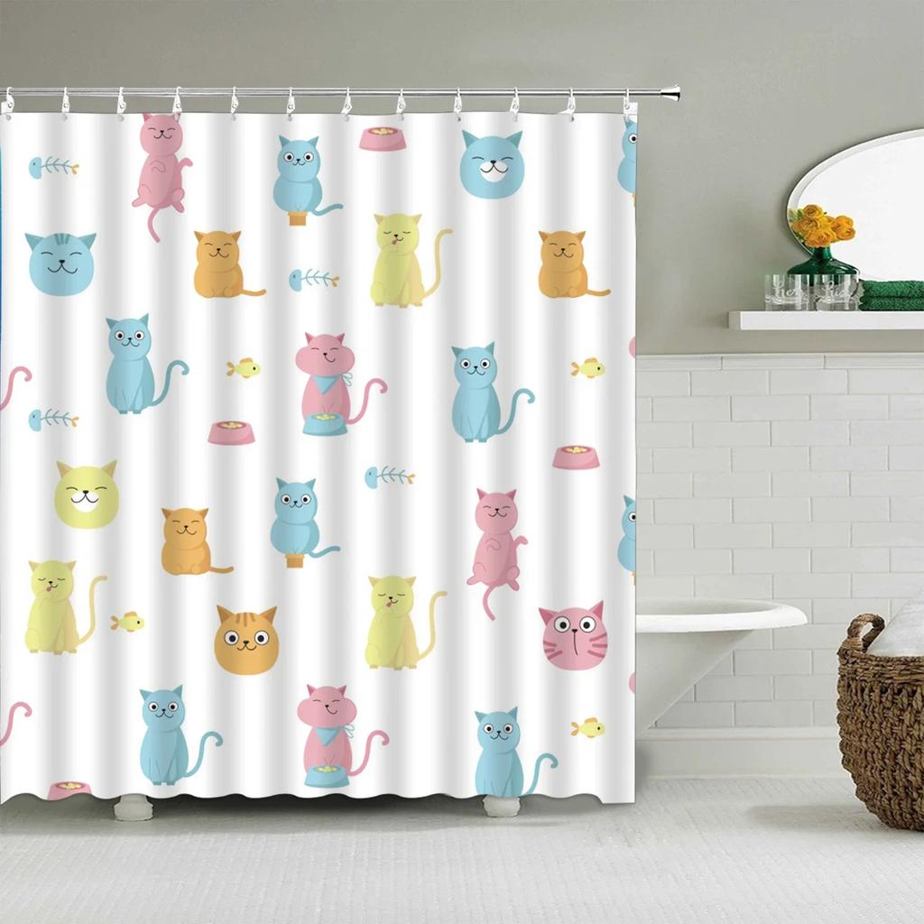 Cartoon Cute Shower Curtain, Funny Animals Cat Rainbow Colorful Butterfly Kids Boys Girls Bathroom Bathtub Screen Decoration
