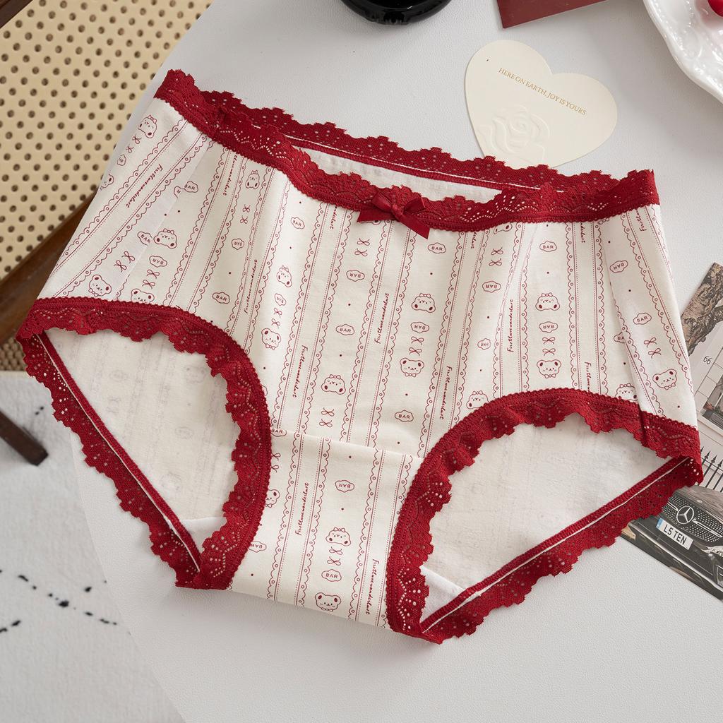 Plus Size Lady Spring and Summer Wedding Celebration Red Lace Cotton Extended Middle Waist Triangle Briefs