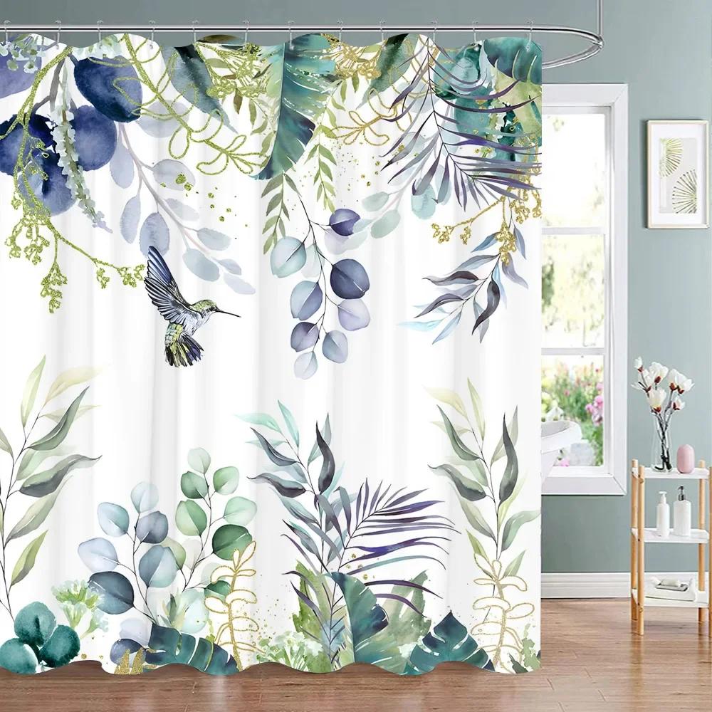 Tropická Zeleň Květinová Sprchová Závěs Kolibřík Motýl List Polyesterová Tkanina Omyvatelné Sprchové Závěsy Koupelnová Dekorace