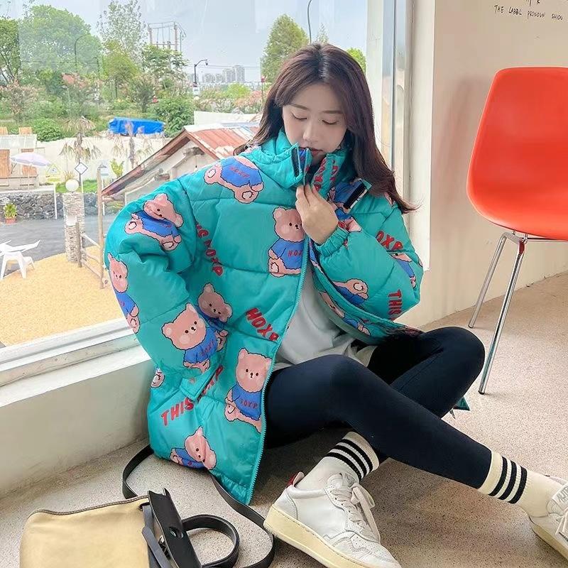 Vinterjacka dam dun bomull dam koreansk lös tjock huva parka