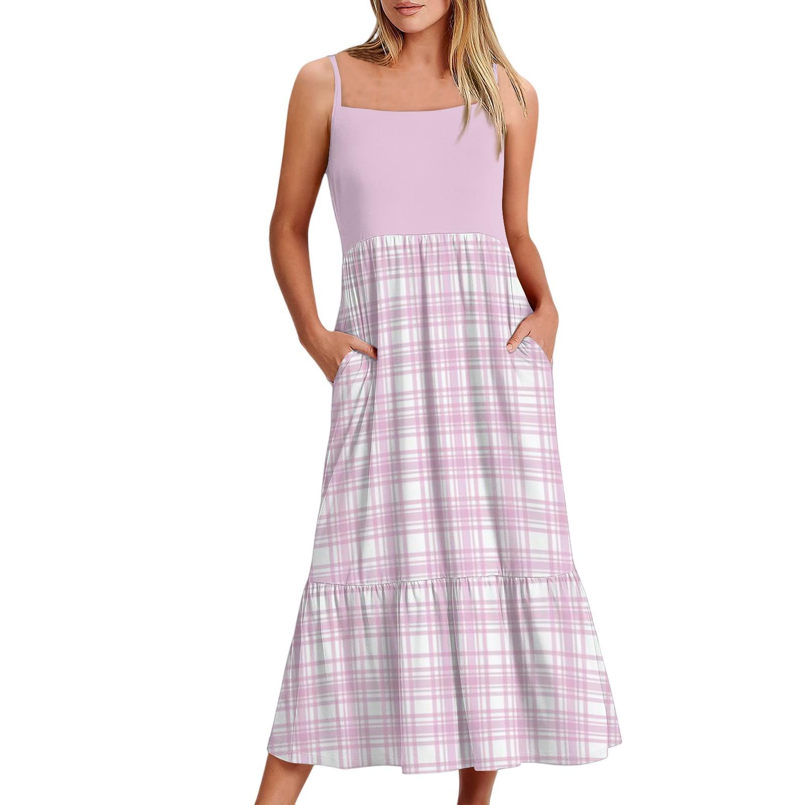 

Women s Long Beach Casual Elegant Spaghetti Strap Maxi Dress Plaid Print Low-key Flowing Bohemian Dress M