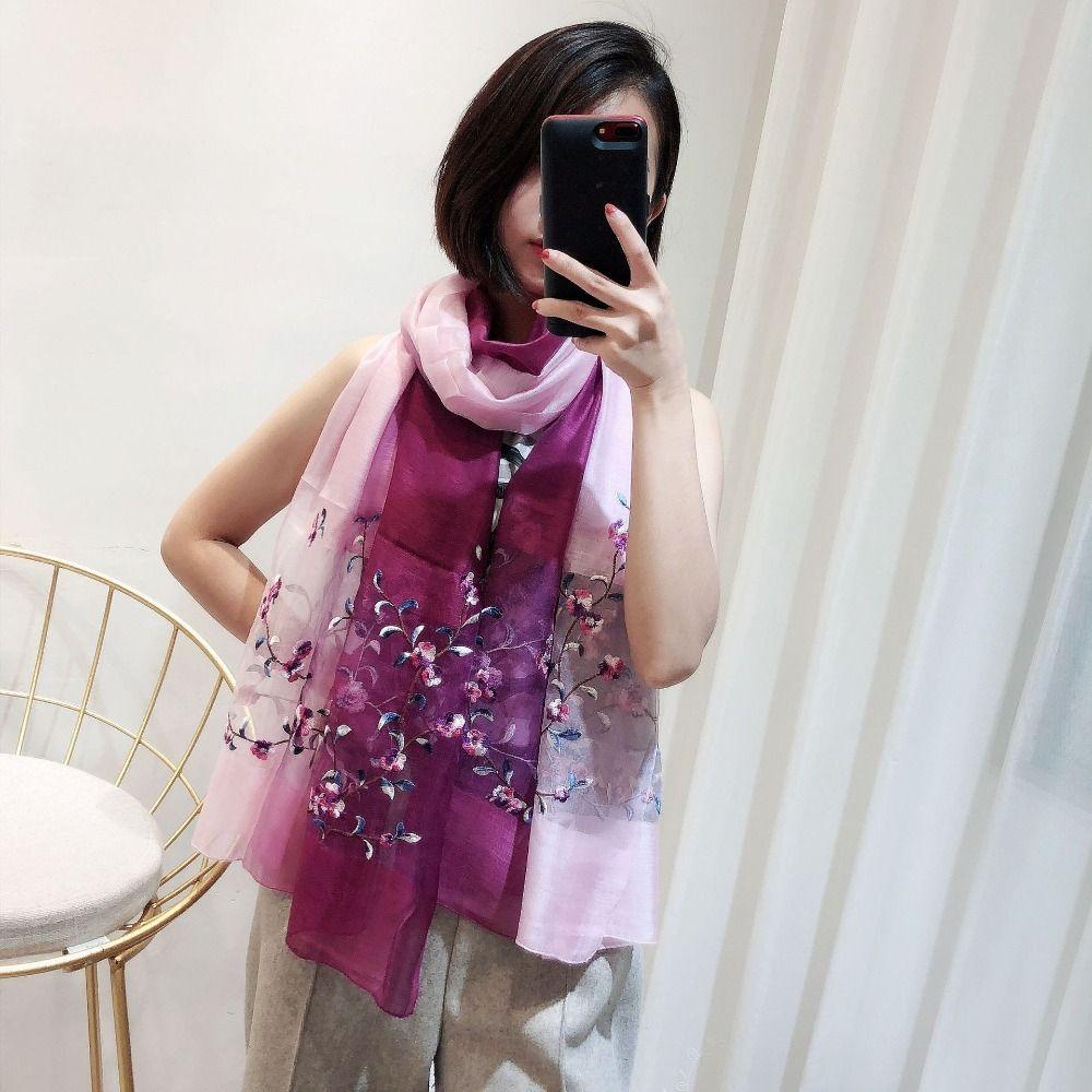 

Gradient Color Printed Shawl Flower Pattern Gauze Scarf Embroidered Silk Scarf Women s