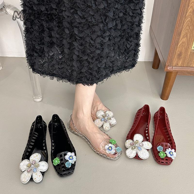 Fashion Transparent Crystal Jelly Sandals Hollow Out Slippers Korean Style Flat Shoes Women's Square Toe Shallow Slip on Ballet Loafers