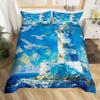 Seaside Town Landscape Bedding Set Flowers Rustic Duvet Cover Coastal Style Island Comforter Cover Ocean Scenery Quilt Cover