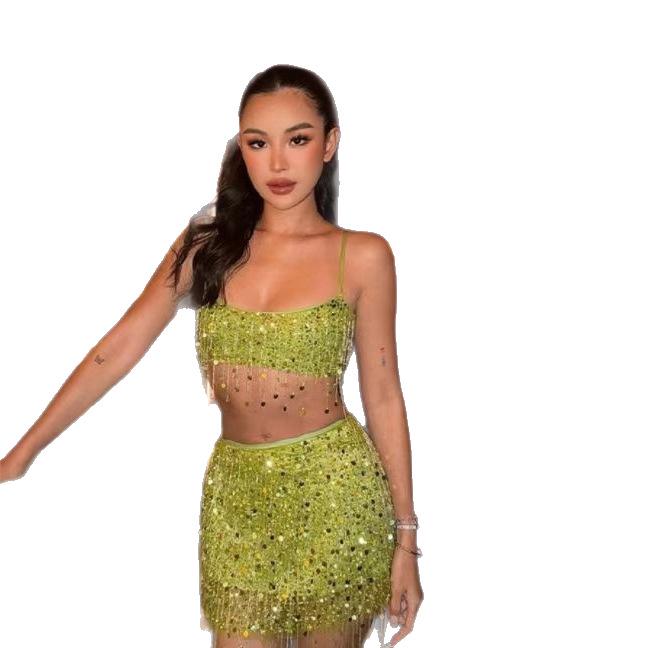 Sexy Tassel Sequin Crop Top & Mini Skirt Women's Set: Cross-Border European & American Fashion