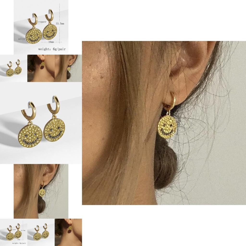 Summer Trend Gold Plated Round Earrings Smiley Face Pendant For Women