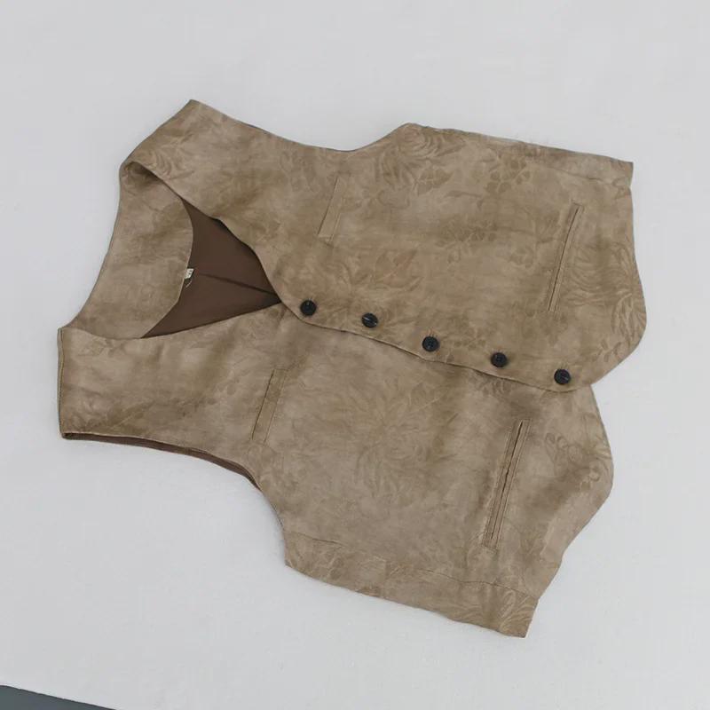 Spring/Autumn Women's Vest Suit: Silk Linen Blend with Jacquard, Long Midi Skirt B0203