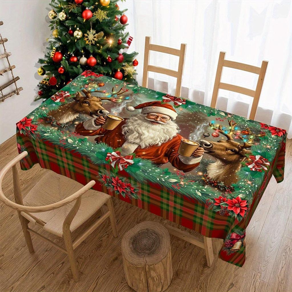 Christmas Tablecloth Digital Print - Winter Snowman Reindeer Xmas Tree Dining Table Festival Decor Table Cover