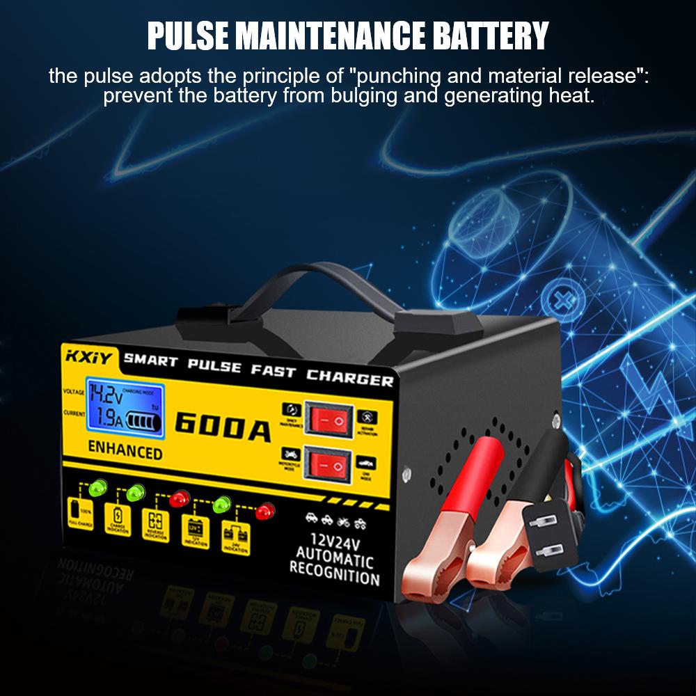 Voltage Temperature Detection Automatic Stop 12V 24V 600A EU/US Plug Intelligent Pulse Repair Car Battery Charger Digital LCD Display