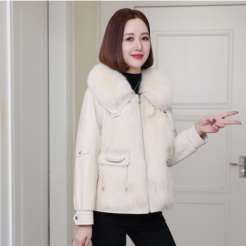 Herbst Winter Damen Lederjacke Kurz Kunstpelzmäntel Steppung Künstlicher Fuchspelzkragen Pelzmantel