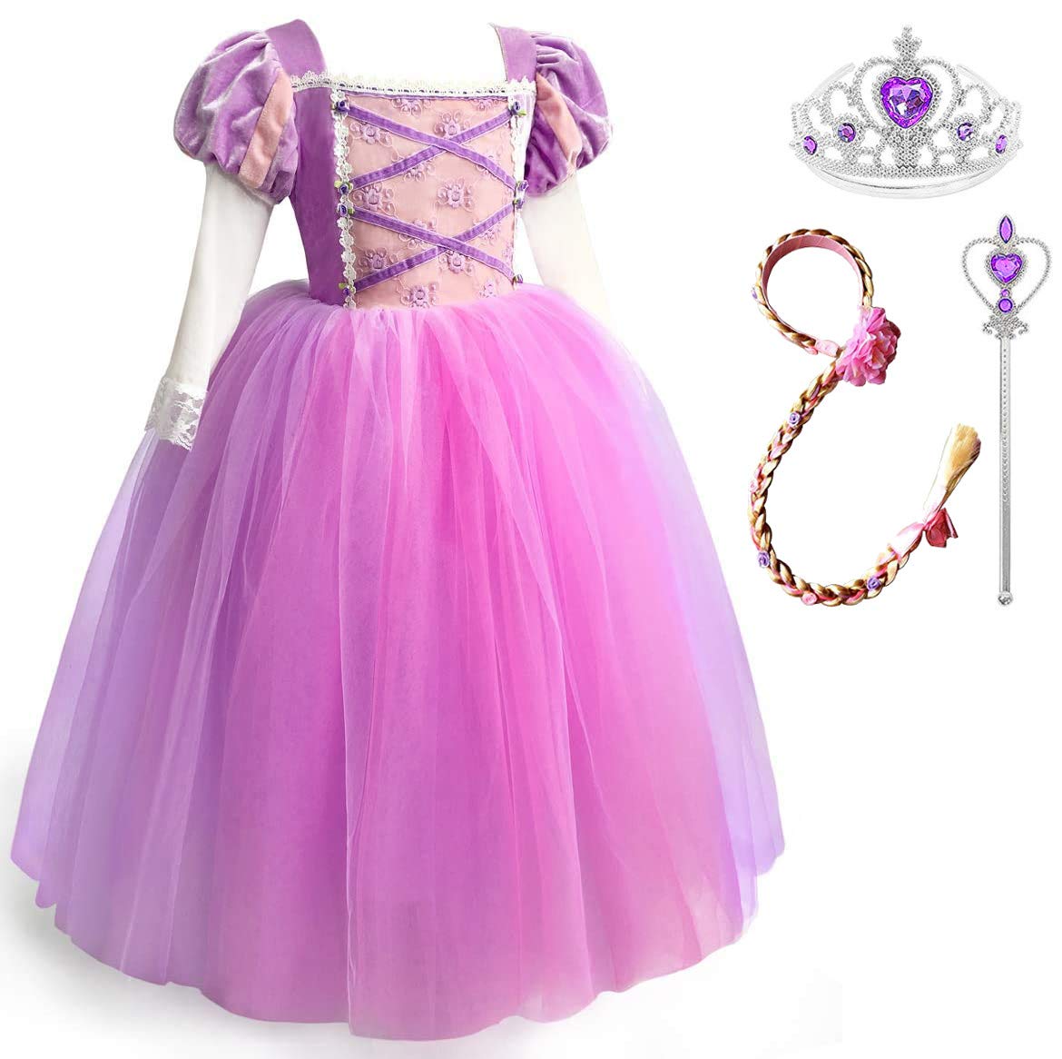 

Костюм для косплея принцессы, роскошный комплект, светло-фиолетовый парик с волшебным сердцем, оригинальный, 130 см, NT5113 [ДОСТОВЕРНО] Детский комплект из 5 предметов - (Платье принцессы,