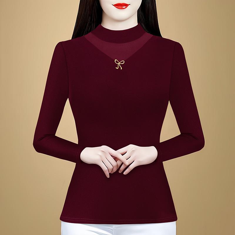 

Chic Autumn/Winter Slim-Fit Top: Warm, Semi-High Collar with Bow Accent 4XL