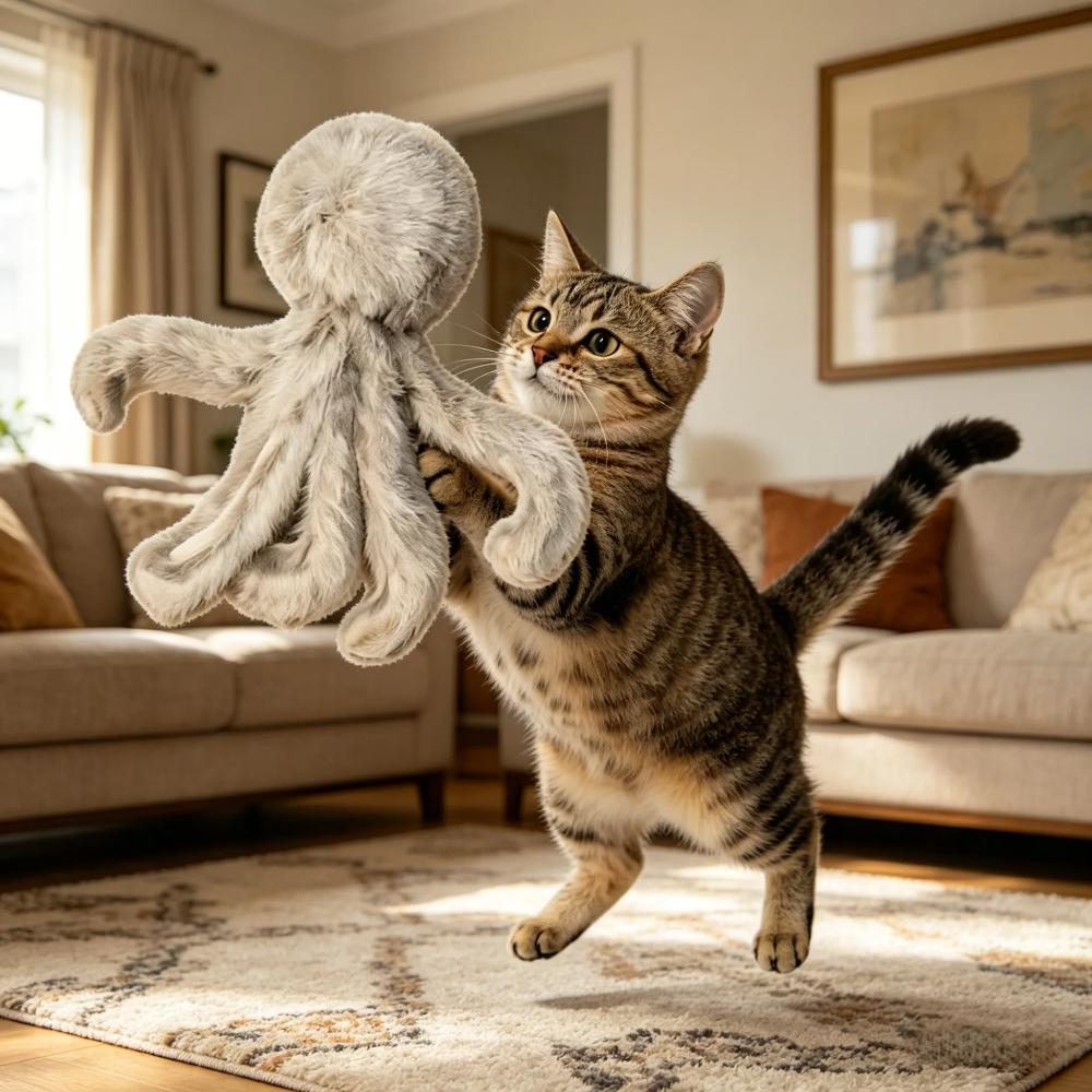 Rabbit Fur Octopus Cat Teaser Toy: Interactive Wand Replaceable for Hunting Play, Energy-Burning & Boredom Relief for Kittens
