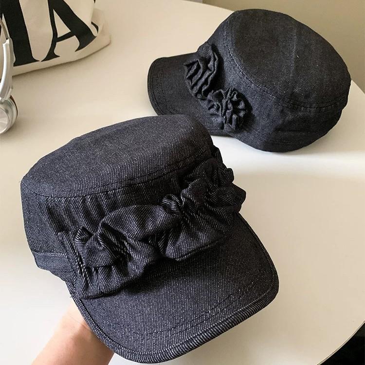 Denim flower bow flat top equestrian hat women's spring summer versatile face cap newsboy hat