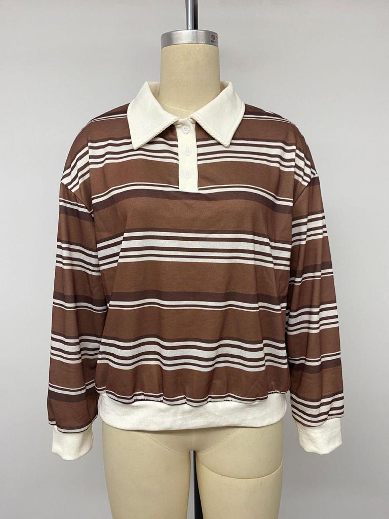 TEMU 2026 Autumn/Winter Women's Retro Striped Polo Collar Half-Zip Loose Hoodie