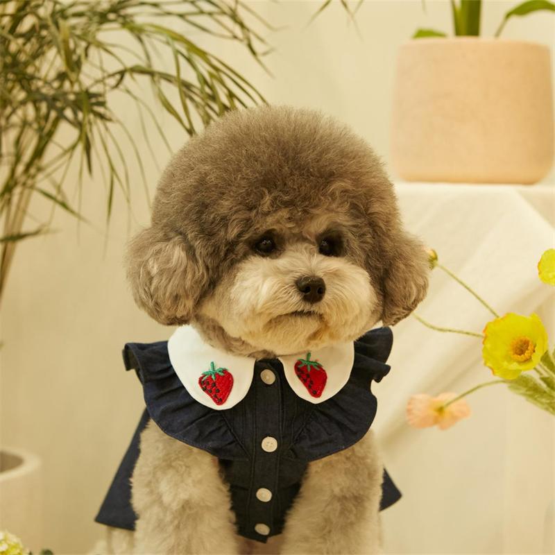 Cute Dog Dress Strawberry Applique Flutter Sleeves Dress Soft Pet Clothes Puppy Dog Clothes Pomeranian Chihuahua Clothes