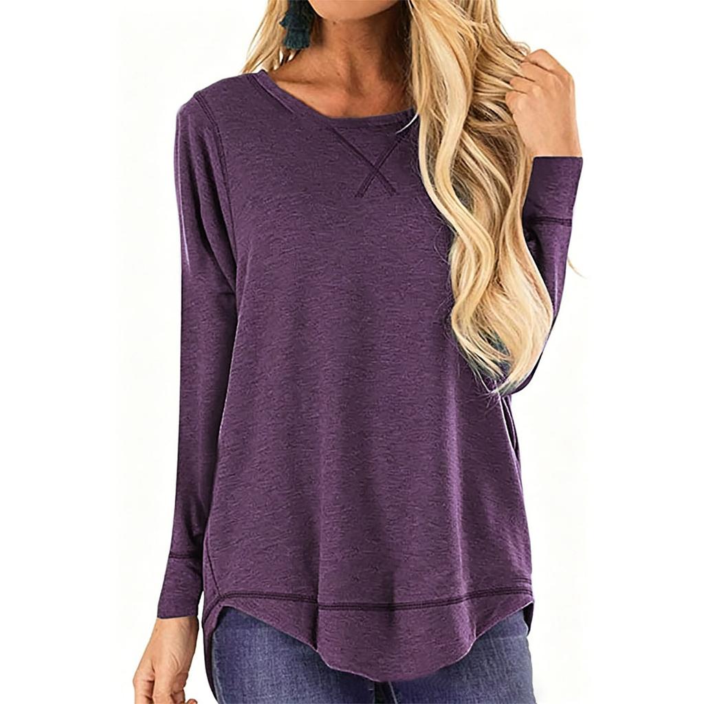 Women's Casual Long Sleeve T Shirt Loose Fit Crew Neck Irregular Hem Front Short Back Long Lightweight Pullover Top