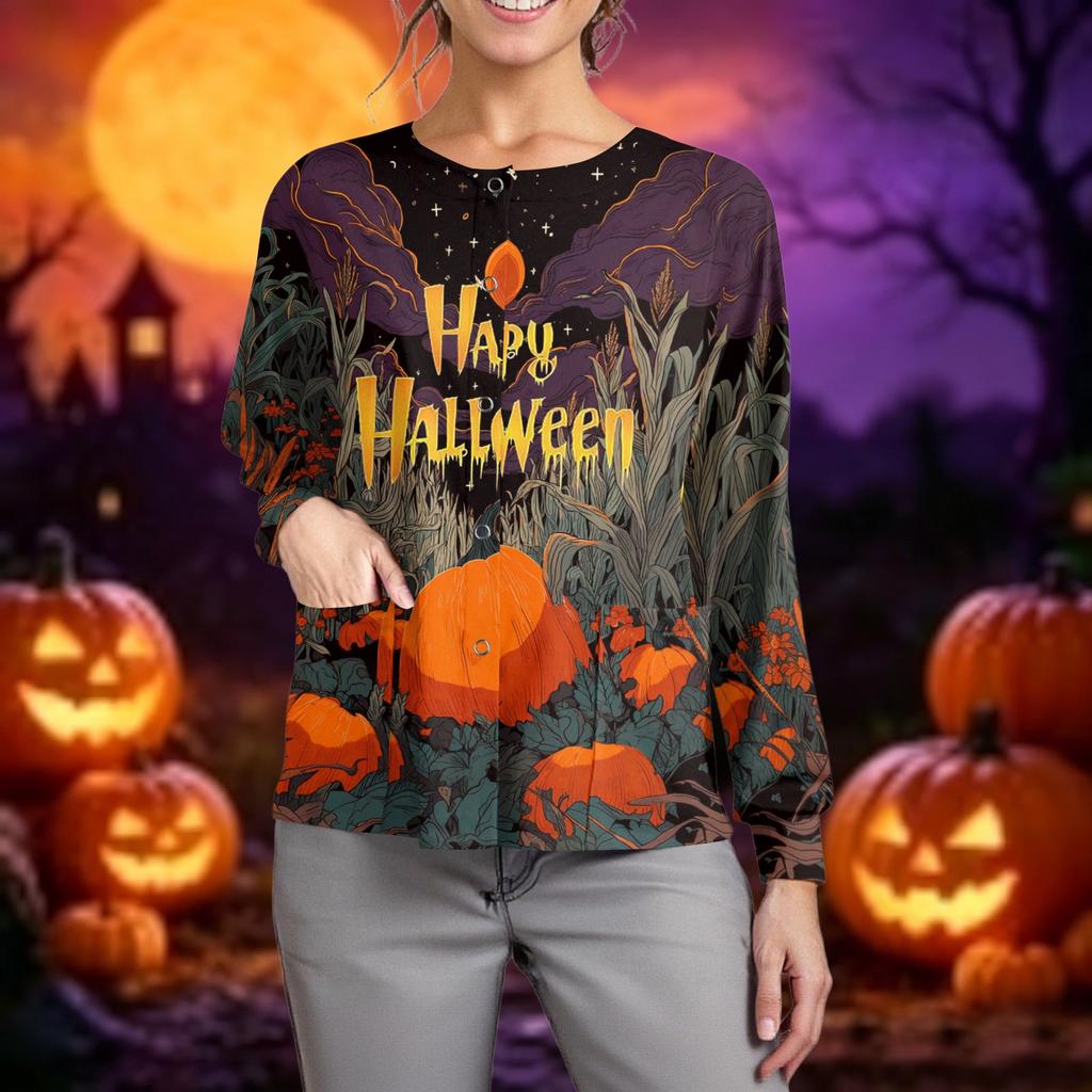 Women's Casual Long Sleeve Button Up Cardigan Halloween Print Lightweight Pullover Sweater for Caregivers and Everyday Wear