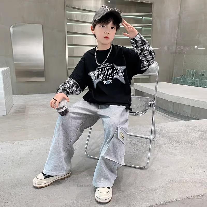 T-shirt a manica lunga a strati in cotone pesante a quadri unisex - Stile casual coreano e americano