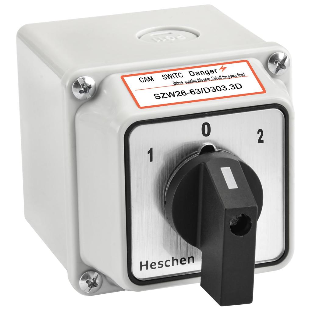 Heschen Universal Rotary Cam Selector Changeover 660V 3 Three Phase 12 with Master Switch Outer Box Switch, SZW26-63/D303.3D, 63A, ON-OFF-ON Position,