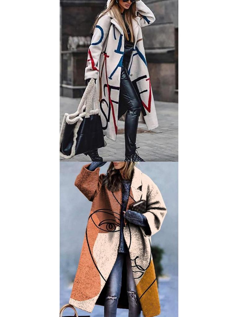 Dámský evropský a americký podzimní vlněný kabát s dlouhým rukávem a klopami s potiskem