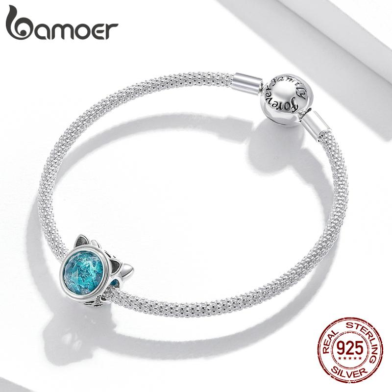 BAMOER Cute Cat Gem Bead 925 Sterling Silver Prívesok so vzorom kryštálovej hviezdy pre originálny náramok na náramok pre domácich majstrov