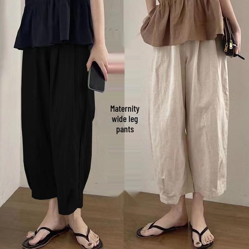 Maternity Wide-Leg Cotton Linen Pants - Summer, Loose Fit, Retro Style, Casual Nine-Point, Belly Support.