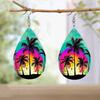 Colorful Dusk Sunset Coconut Tree Artificial Leather Earrings for Women Reversible Pattern Lightweight Teardrop Earrings