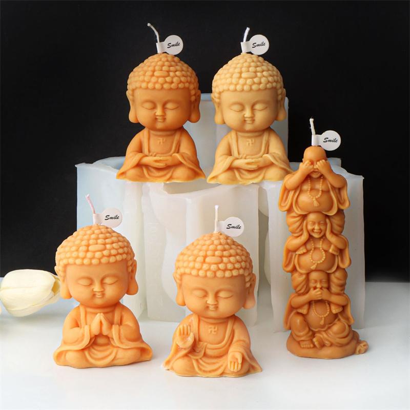 Mini Cartoon Monk Candle Silicone Mold 3D Buddha Statue Gypsum Form Concrete Resin Moluds DIY Religion Temple Buddha Home Decor