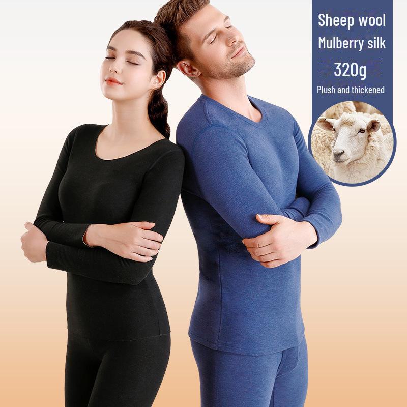 Autumn/Winter Thermal Wool & Silk Round Neck Underwear Set with Velvet