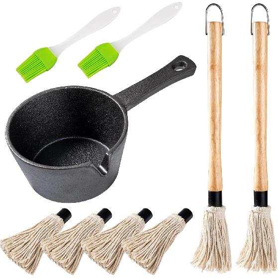 BBQ Mop Brush and Cast Iron Sauce Pot Set, 11-in-1 Value Pack includes 2Pcs Wooden Long Handle, 6 Brush Heads, 1 Cast iron BBQ Pan and 2 Silicone