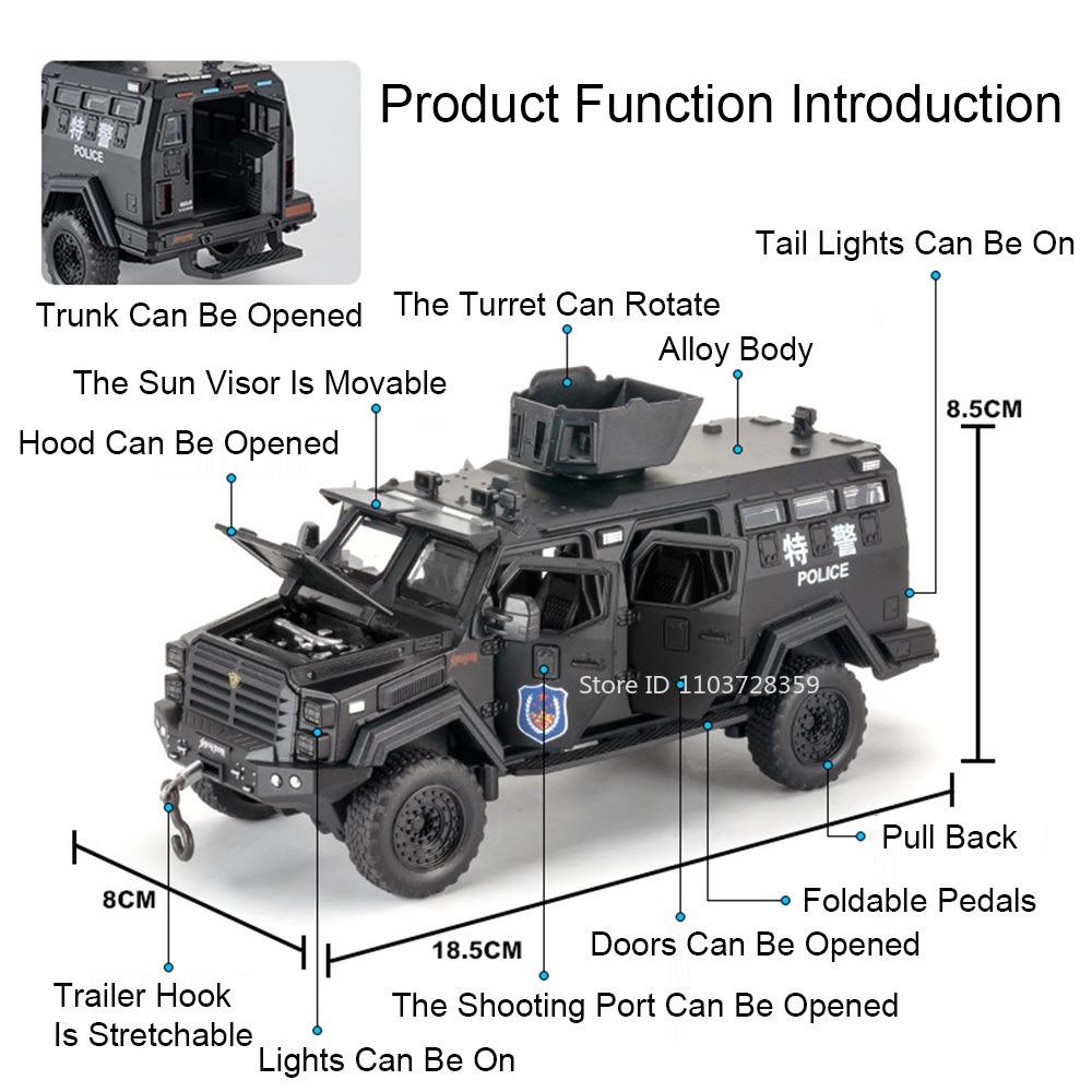 1:32 Scale Avtoros Shaman Sabertooth Armored Police Car Model Toys Metal Diecast Sound Light Doors Opened Pull Back Boys Gifts