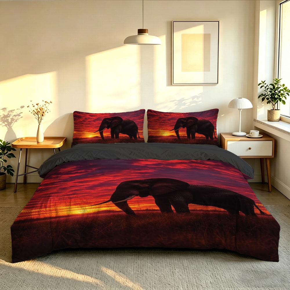 3pcs Elephant Red Sunset Print Duvet Cover Set Wildlife Animal Soft Microfiber Bedding Set with Pillowcases Quilt Cover Decor