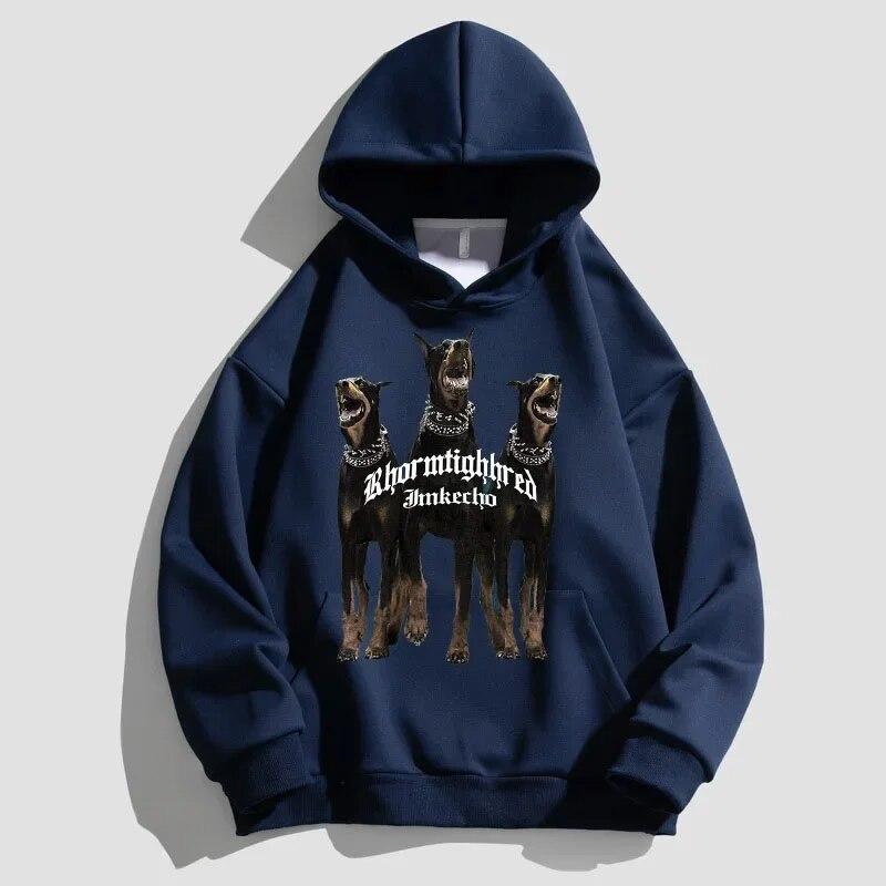 Autumn Unisex's Hooded Sportswear Doberman Print Retro Pullover Hoodies Fashion Casual Couple's Streetwear Unisex Oversized Clothes