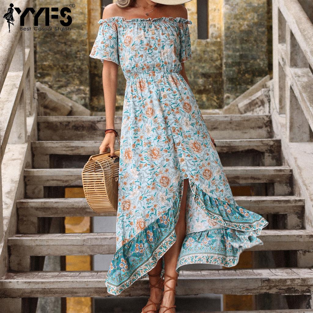 YYFS Women's Vintage Summer Spring Floral Print Short Sleeve High Waist Casual Dresses
