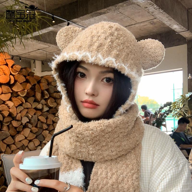 Winter cute bear plush all-in-one hat women's outdoor thermal scarf hat two-piece set student ear protector pullover hat