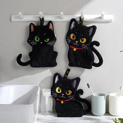 Cartoon Black Cat Hand Towel Animals Shape Absorbent Hand Cloth Kitchen Cleaning Wipe Cloth Kid Bathroom Hanging Towel