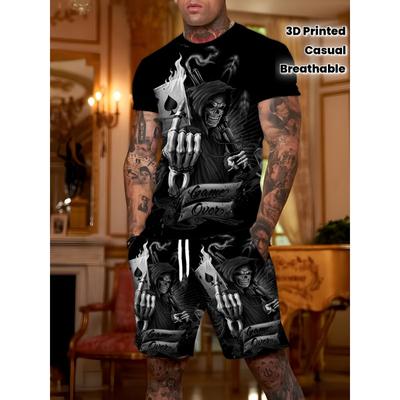Men's Contrasting Logo Skull Print 3D Pattern Summer Casual Sports Set - Breathable 3D Printed T-shirt and Shorts Combination