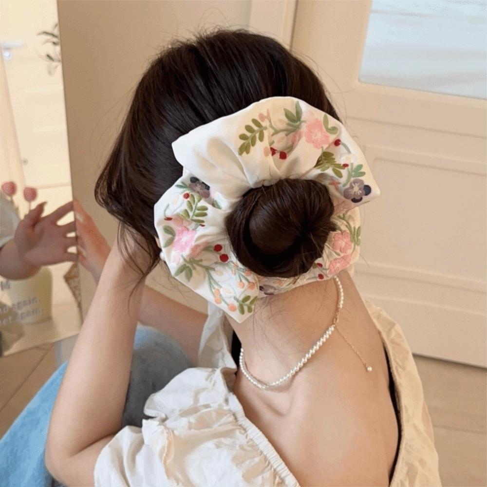 French Style Embroidery Hair Scrunchies Satin Hair Ropes Retro Floral Scrunchies  Rubber Bands