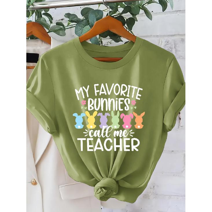 Women's MY FAVORITE BUNNIES Teacher's Short Sleeve Shirt One-piece Easter Outfit T Shirt Teacher's Outfit for Holiday Outings 2026 New Spring and