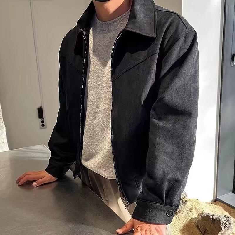 Elegant Solid Coat Men Spring Autumn Loose Lapel Zipper Short Jacket Vintage Streetwear Bomber Jacket