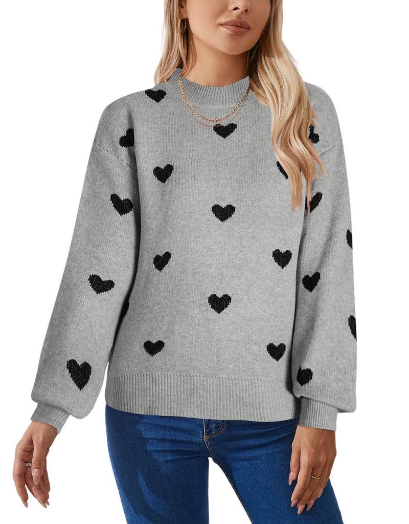 Heart Jacquard Round Neck Pullover Sweater for Women - Autumn/Winter Valentine's Day Style