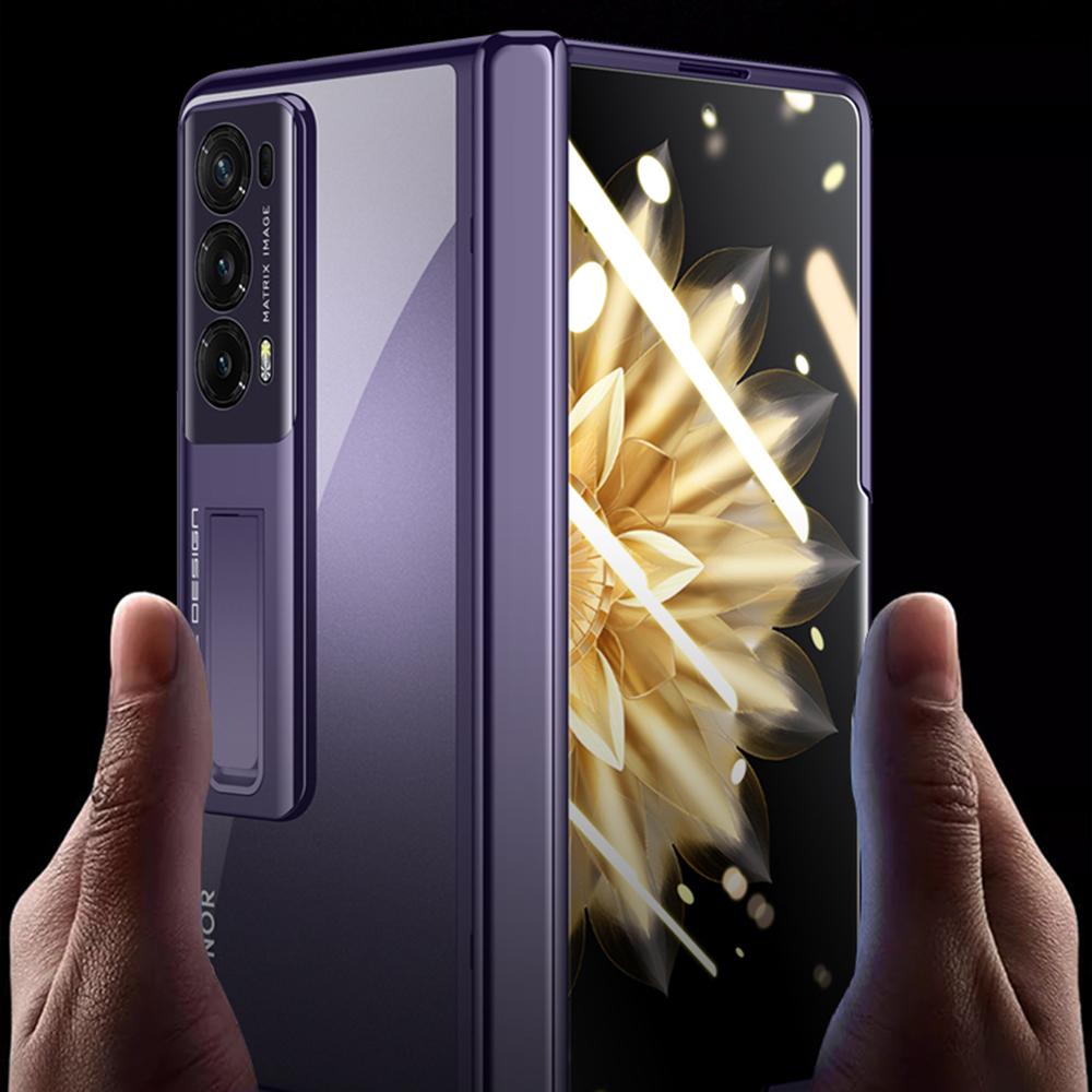 Für Honor Magic V2 5G Scharnierschutz Ständerhülle Transparentes PC Galvanisiertes Handyhülle mit Blickschutz Panzerglasfolie