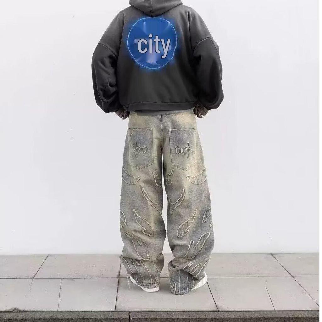 Harajuku Pánské Vintage Džíny s Netopýří Výšivkou, Ležérní Y2K Street Styl