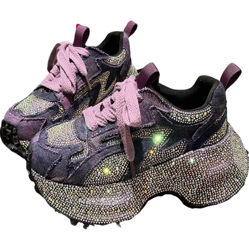 2025 autumn new fashion muffin platform casual rhinestone denim fabric dad shoes women's height-increasing sports shoes trendy shoes