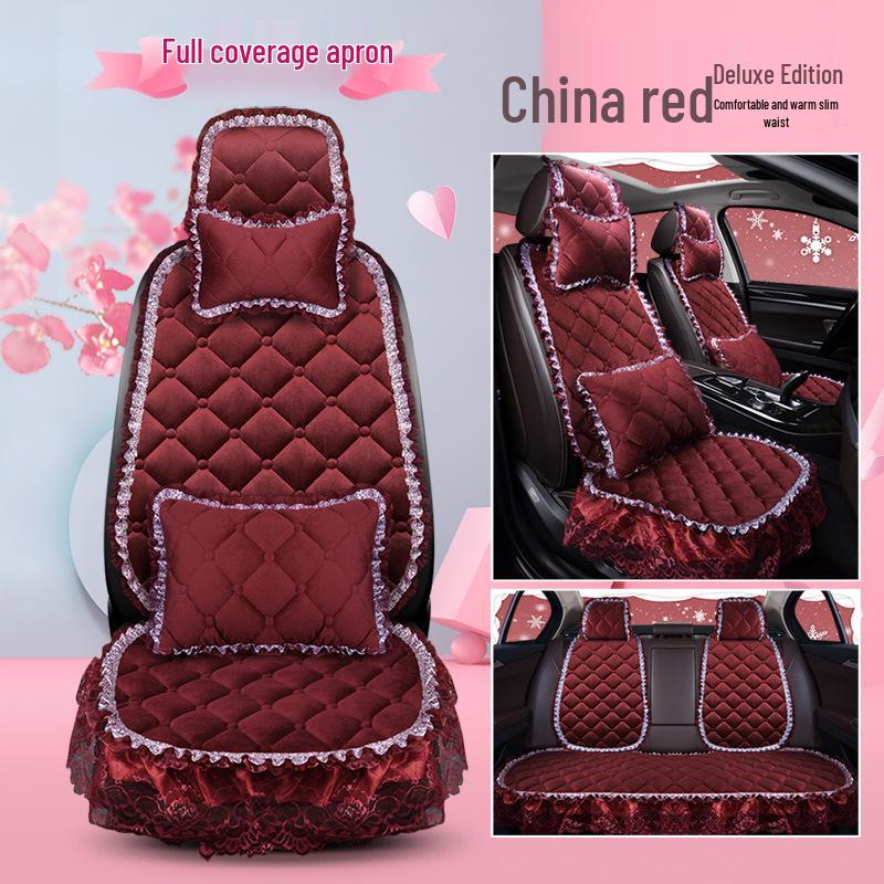 Uniwersalna antypoślizgowa pluszowa poduszka na fotel samochodowy z koronkowym wykończeniem na jesień i zimę