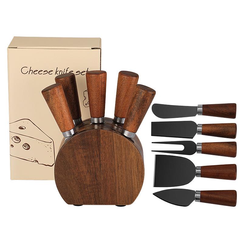 Stainless Steel & Acacia Wood Cheese Knife Set with Storage Base - 6-Piece