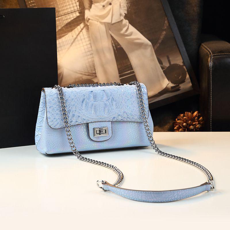 White Crocodile Pattern Women's Bag Big Brand Lock Small Square Bag Fashionable Shoulder Crossbody Bag Chain Bag