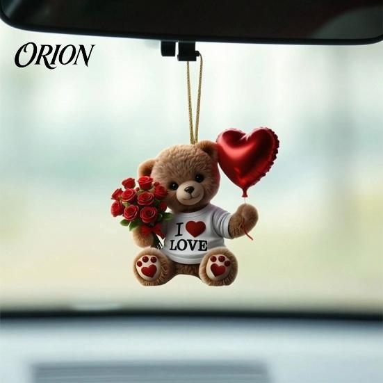 Clear Printed Acrylic Charm Teddy Bear Hanging Ornament, Holding Heart Balloon Red Rose Bouquet Decoration, Ornament Car Rearview Mirror 2D