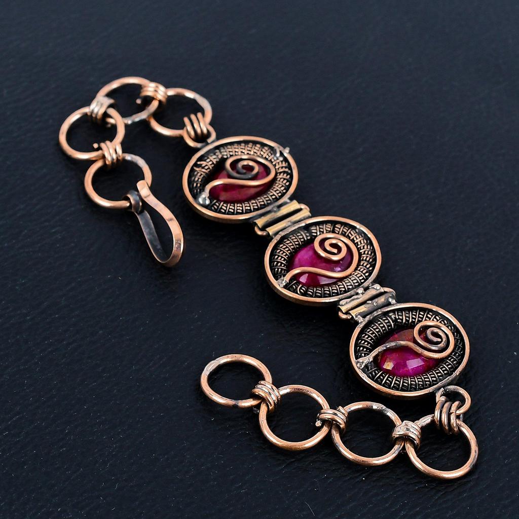 Ruby Bracelet, 999 Copper Wire Wrapped Jewelry, Gemstone Bracelet Whit Adjustable Chain Gift For Her, Handmade Dainty Jewelry